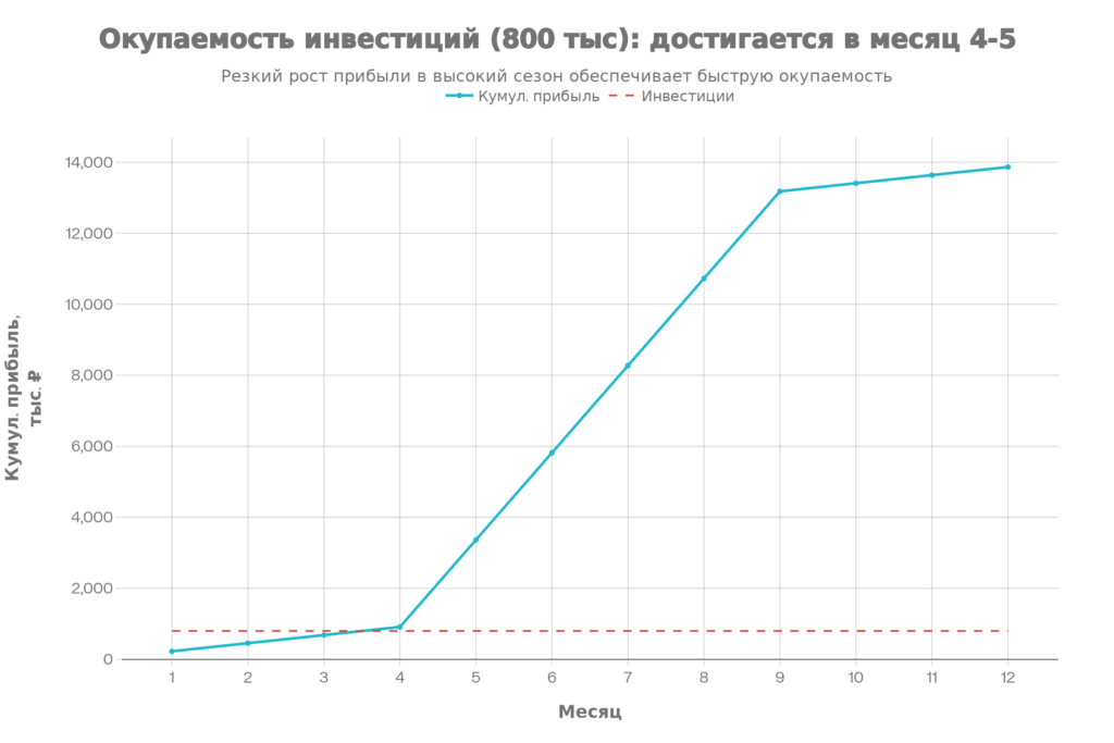 Окупаемость инвестиций (800 тыс): достигается в месяц 1-2, прибыль за год 13.8 млн