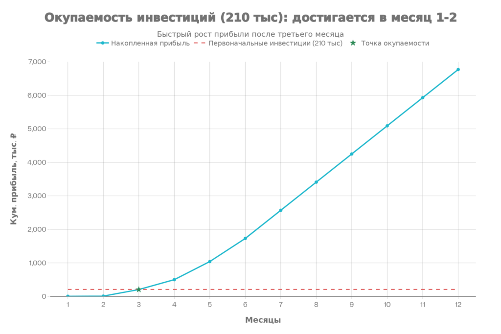 Окупаемость инвестиций: 210 тысяч рублей окупаются в месяц 1-2, прибыль за год 6,77 млн