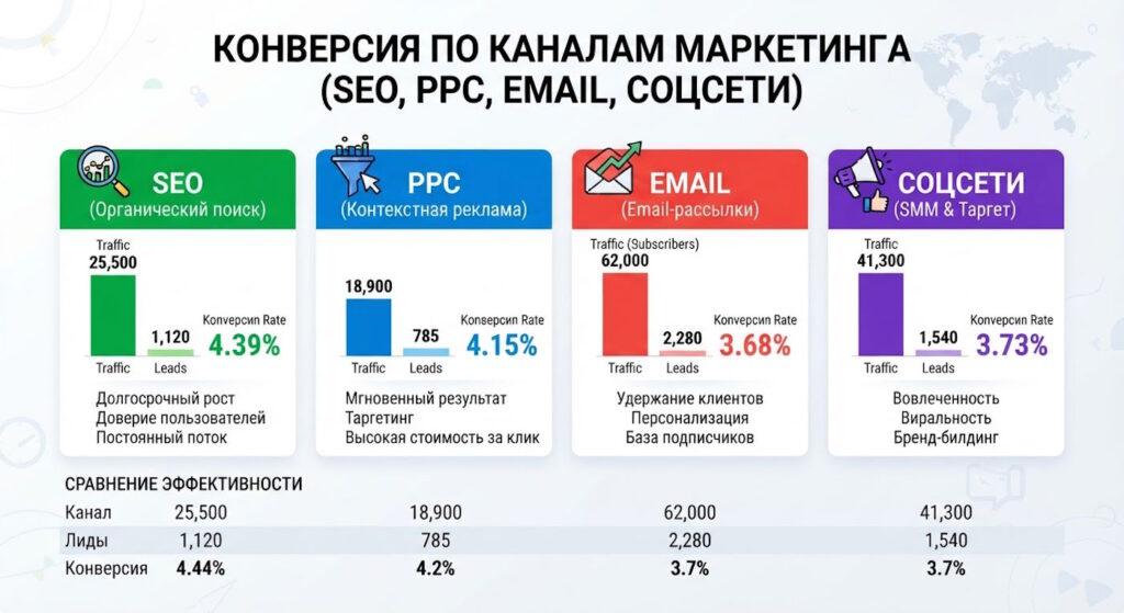 Конверсия по каналам маркетинга (SEO, PPC, email, соцсети)